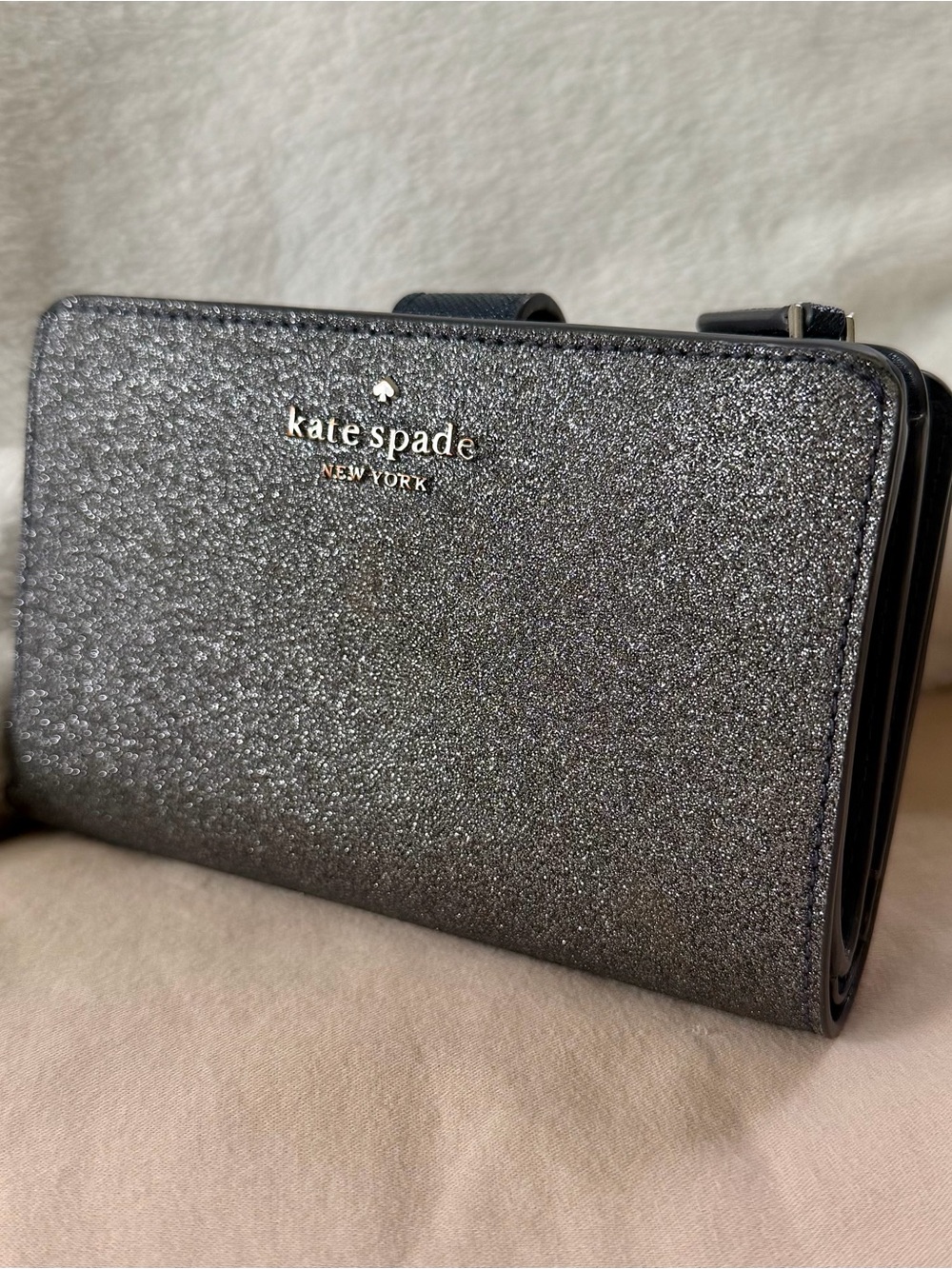 Kate Spade Shimmy Glitter Medium Compact Bifold Wallet Grizzly Grey / Navy Blue